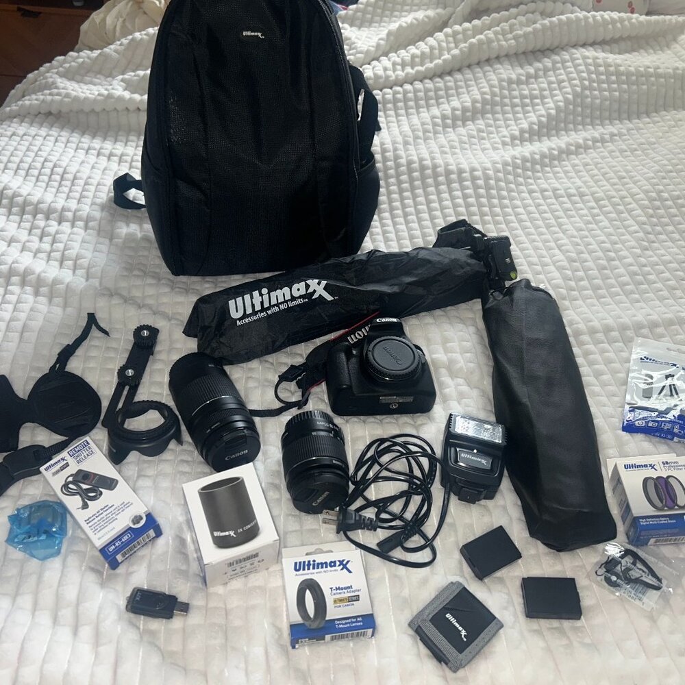 Full Canon EOS 2000D kit – 3 lenses, tripod, flash, SD cards, etc